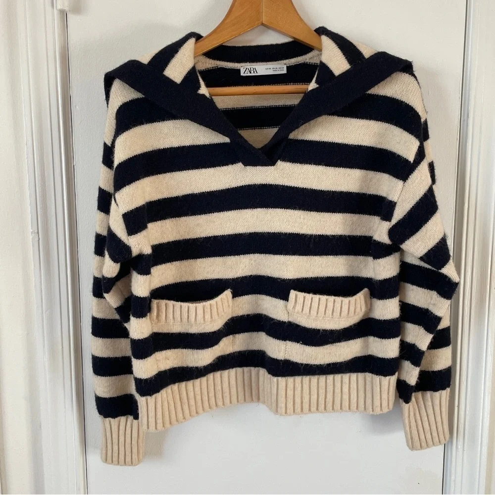 Zara Striped Sailor Collar Nautical sweater Cream Navy Oversized Cropped XS - Picture 3 of 6